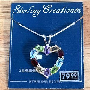 Vintage Sterling Silver Multi Genuine Gemstone Heart Necklace